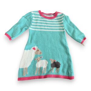 Baby Boden Sheep Sweater Dress 3-6 Months Teal Pink
